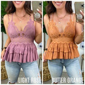 NWOT Madison + Mallory Floating on Air Crochet Lace Peplum Top in Light Rose